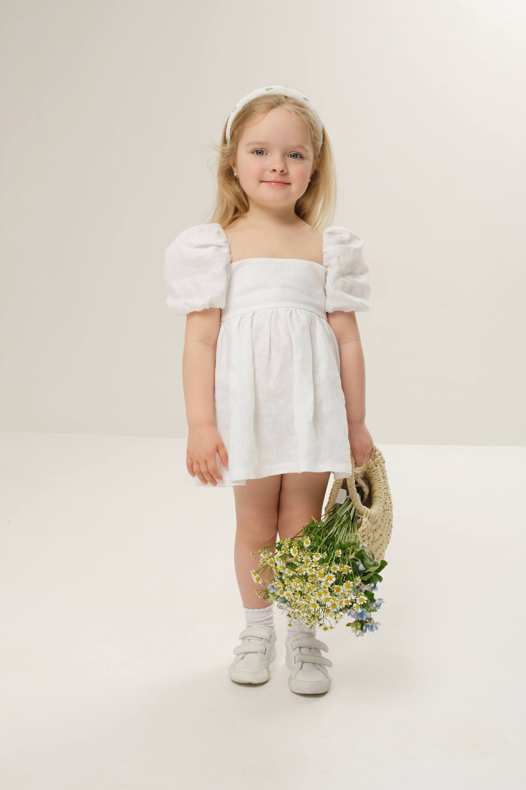 White Puff-Sleeve Dress with Back Ties | PAREA Kids Clothing